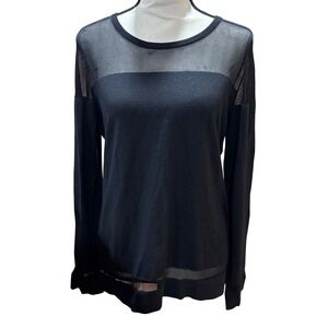Vince Camuto Black Sheer Mesh Detailing Round Neck Long Sleeve Top Size Lg